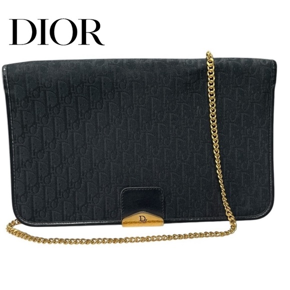 DIOR Vintage 14K Gold Black Oblique Trotter Chain Clutch Shoulder Bag - Picture 1 of 15